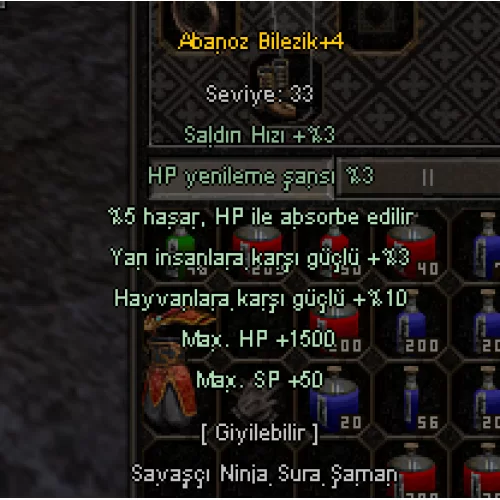 +4 ABANOZ BİLEZİK 5 EFSUN YARI 3 HAYVAN 10 1.5K HP 5 HP ABS MAX SP +50